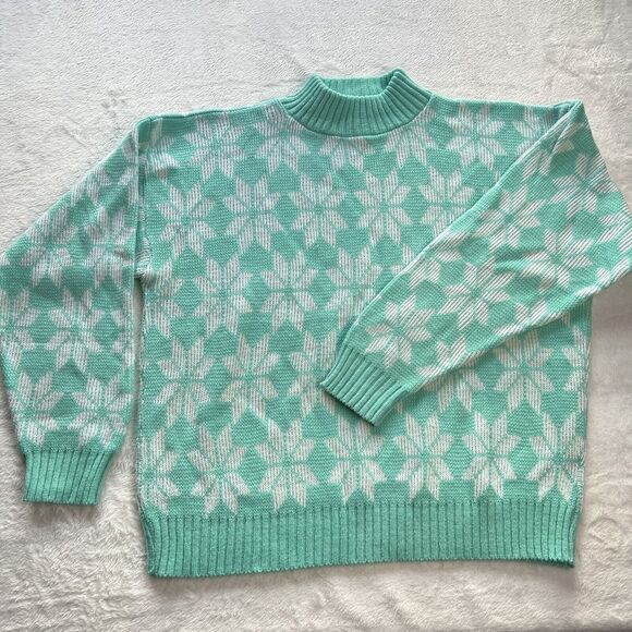 Alicia petite Mint Green vintage snowflake holiday Sweater women's size large - Picture 1 of 8